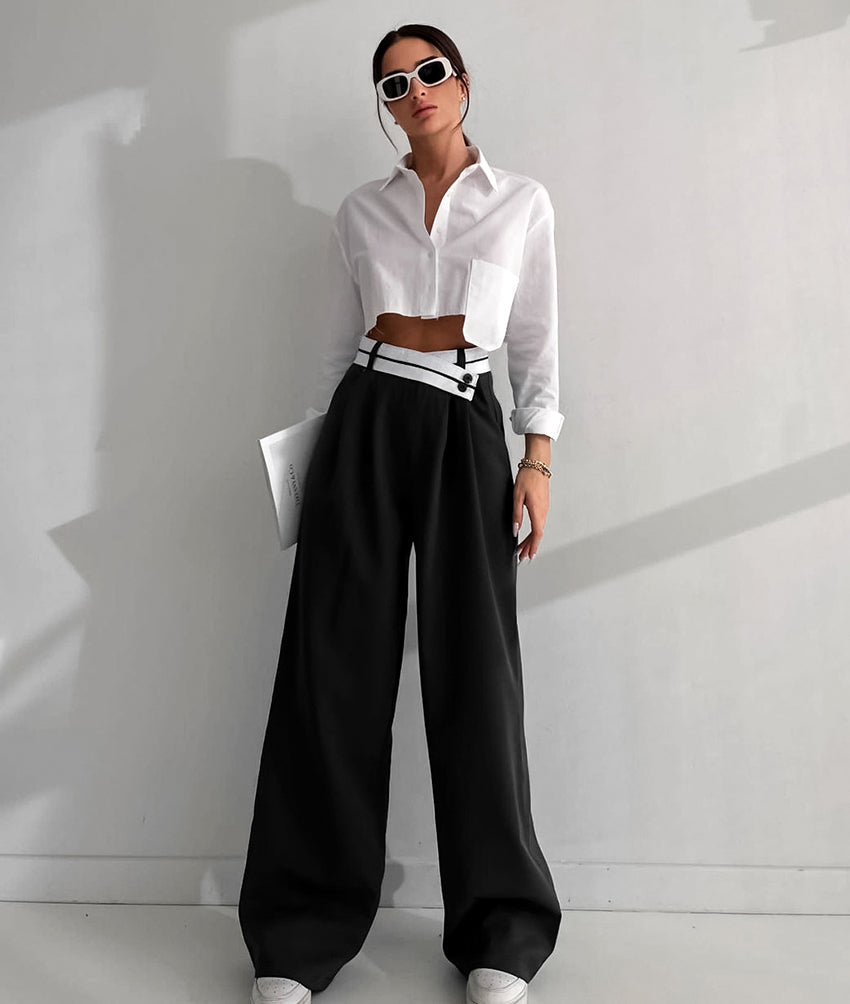 Chloé™ | Pantalon Large À Taille Contrastée