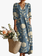 CHLOE | ROBE MIDI EN LIN FLORAL ANCIEN POUR FEMMES