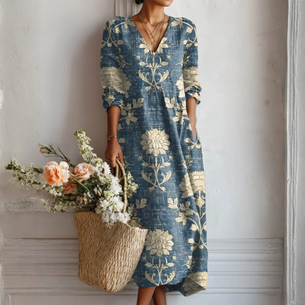 CHLOE | ROBE MIDI EN LIN FLORAL ANCIEN POUR FEMMES