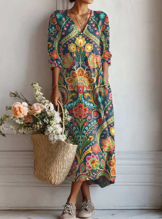 CHLOE | ROBE MIDI EN LIN FLORAL ANCIEN POUR FEMMES