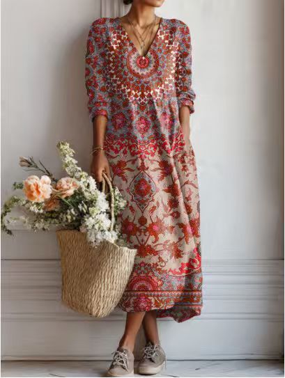 CHLOE | ROBE MIDI EN LIN FLORAL ANCIEN POUR FEMMES