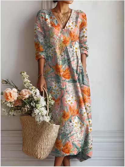 CHLOE | ROBE MIDI EN LIN FLORAL ANCIEN POUR FEMMES