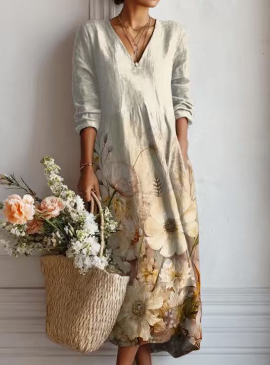 CHLOE | ROBE MIDI EN LIN FLORAL ANCIEN POUR FEMMES
