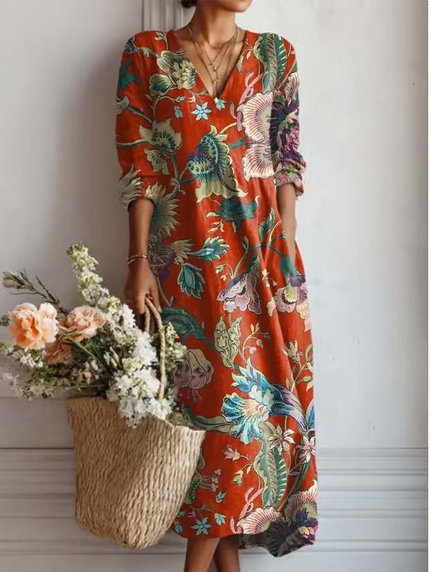 CHLOE | ROBE MIDI EN LIN FLORAL ANCIEN POUR FEMMES
