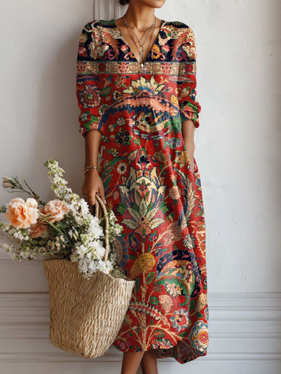 CHLOE | ROBE MIDI EN LIN FLORAL ANCIEN POUR FEMMES