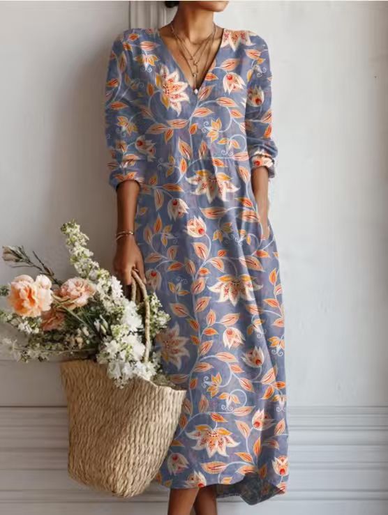 CHLOE | ROBE MIDI EN LIN FLORAL ANCIEN POUR FEMMES