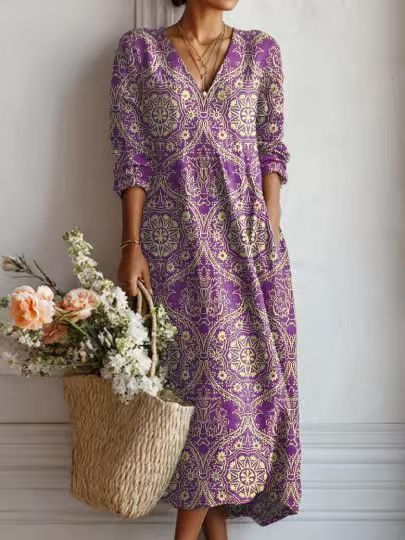 CHLOE | ROBE MIDI EN LIN FLORAL ANCIEN POUR FEMMES