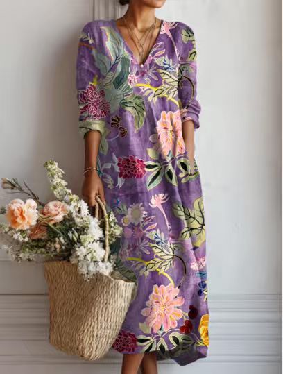 CHLOE | ROBE MIDI EN LIN FLORAL ANCIEN POUR FEMMES