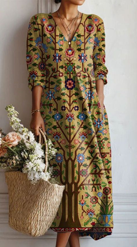 CHLOE | ROBE MIDI EN LIN FLORAL ANCIEN POUR FEMMES