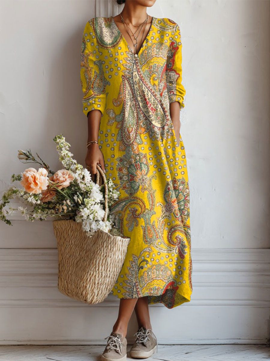 CHLOE | ROBE MIDI EN LIN FLORAL ANCIEN POUR FEMMES