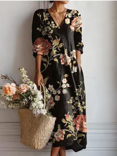 CHLOE | ROBE MIDI EN LIN FLORAL ANCIEN POUR FEMMES