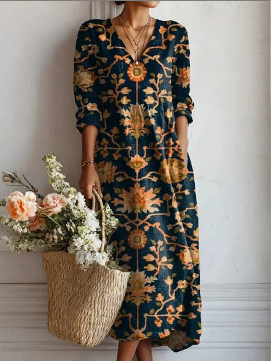 CHLOE | ROBE MIDI EN LIN FLORAL ANCIEN POUR FEMMES