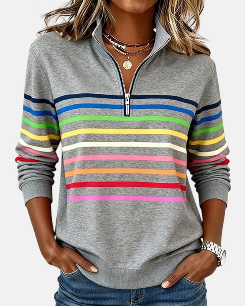 CHLOE | SWEAT-SHIRT À COL ZIPPER QUART DE LONGUEUR RAYÉ POUR FEMMES