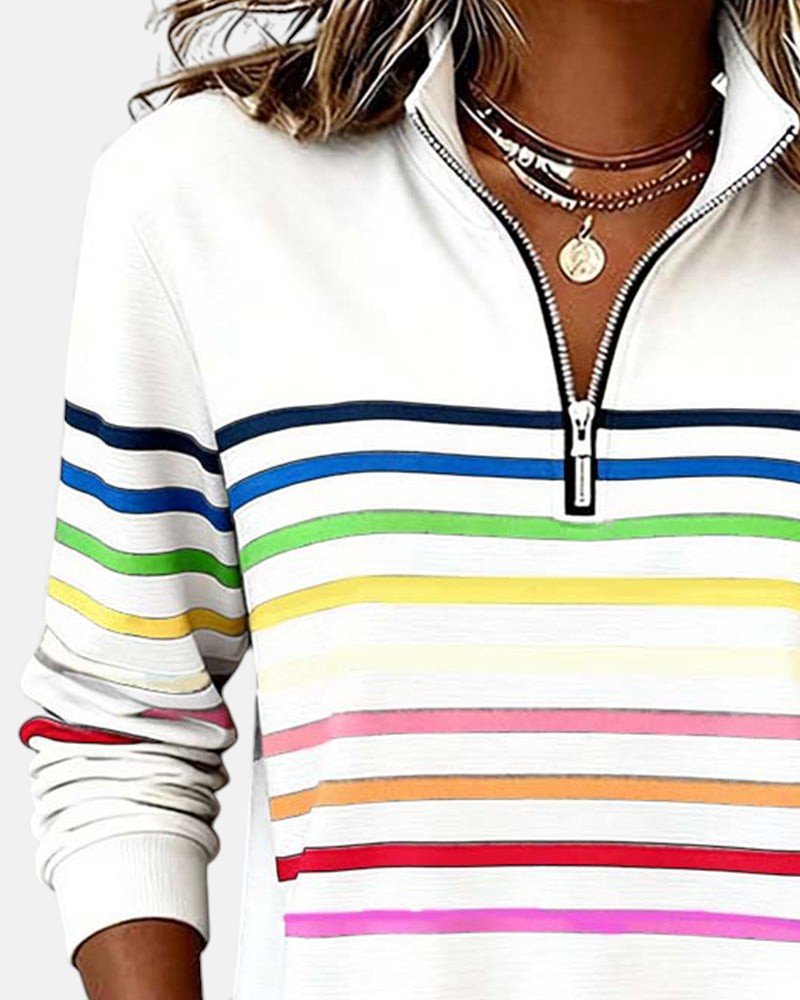 CHLOE | SWEAT-SHIRT À COL ZIPPER QUART DE LONGUEUR RAYÉ POUR FEMMES