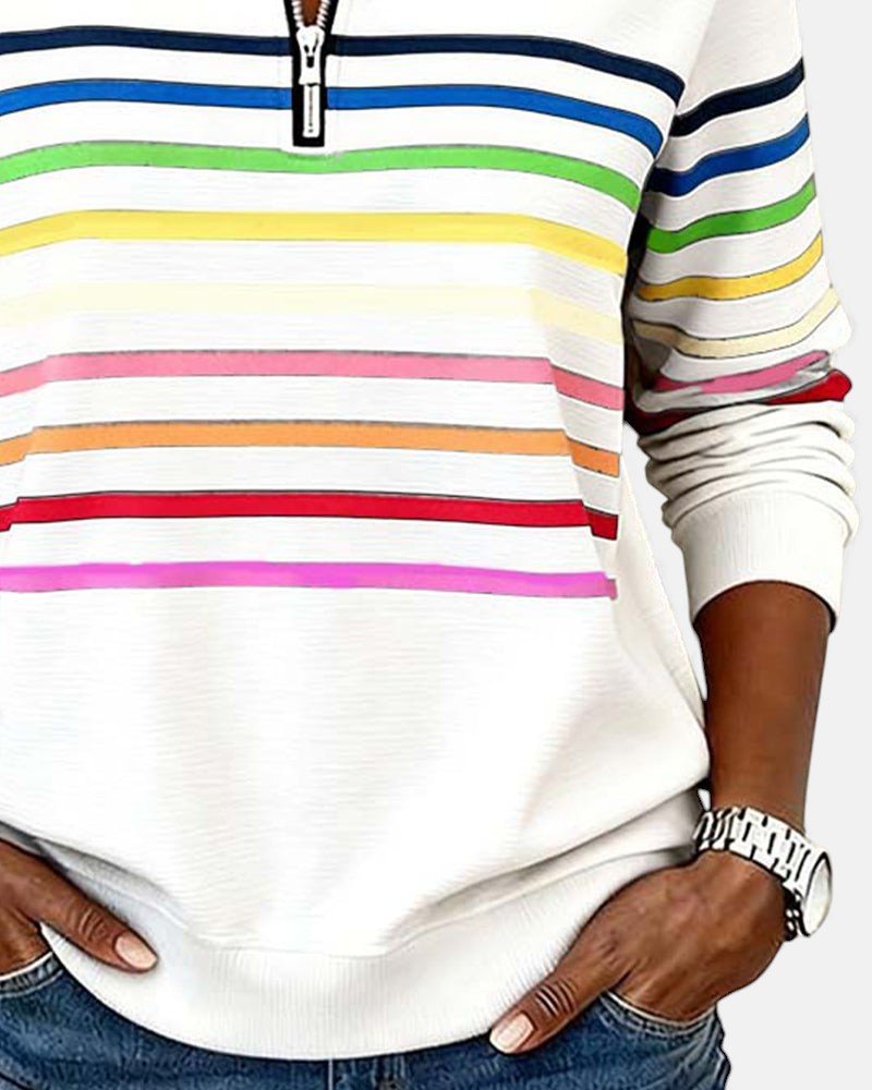 CHLOE | SWEAT-SHIRT À COL ZIPPER QUART DE LONGUEUR RAYÉ POUR FEMMES