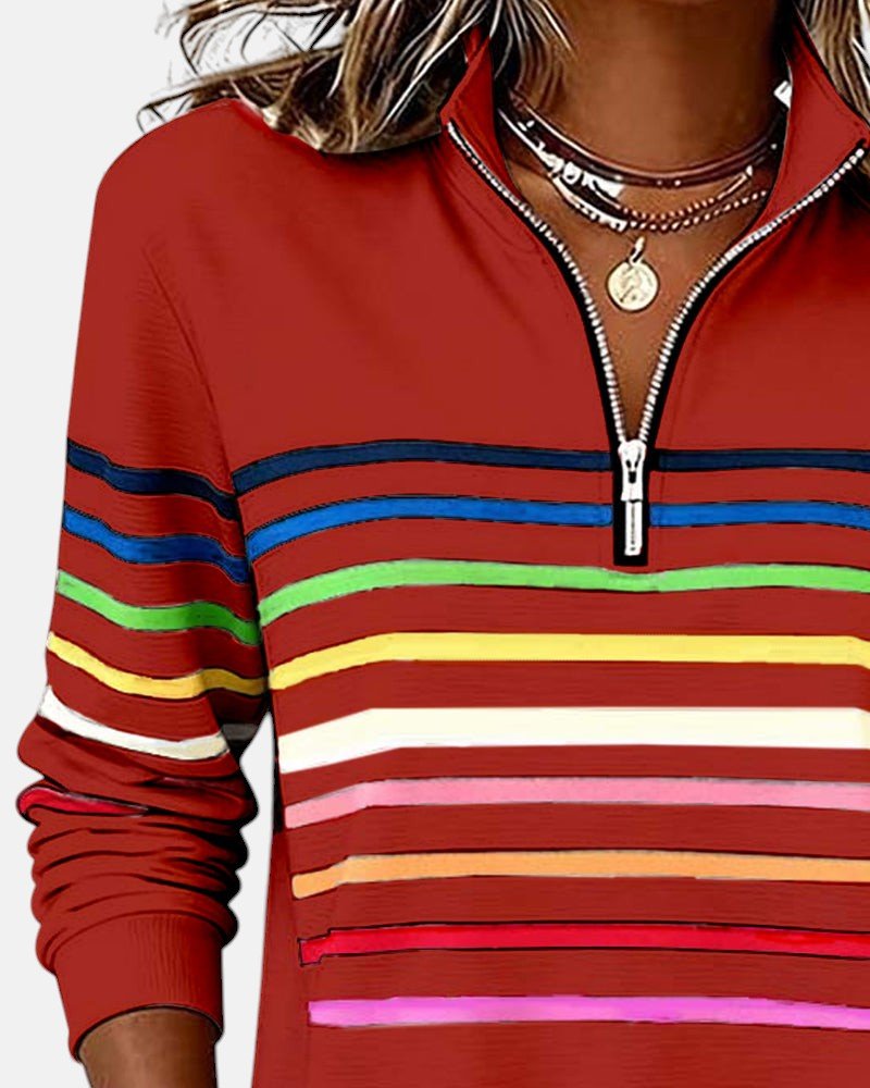 CHLOE | SWEAT-SHIRT À COL ZIPPER QUART DE LONGUEUR RAYÉ POUR FEMMES