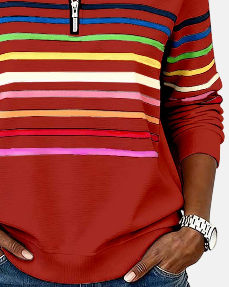 CHLOE | SWEAT-SHIRT À COL ZIPPER QUART DE LONGUEUR RAYÉ POUR FEMMES
