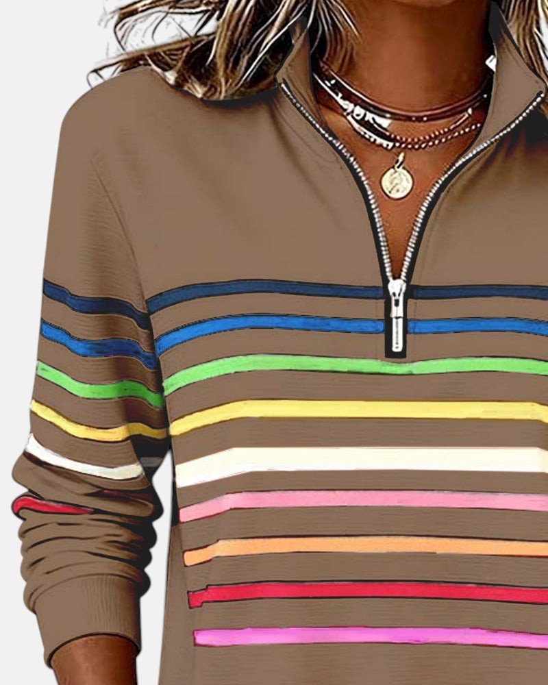 CHLOE | SWEAT-SHIRT À COL ZIPPER QUART DE LONGUEUR RAYÉ POUR FEMMES