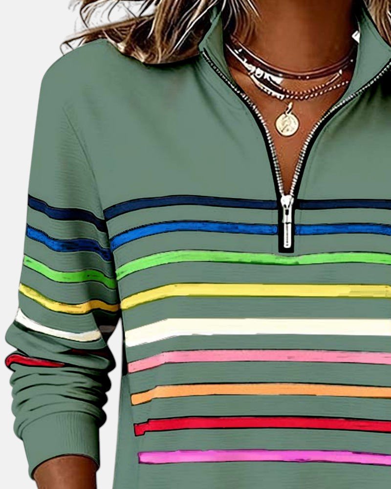 CHLOE | SWEAT-SHIRT À COL ZIPPER QUART DE LONGUEUR RAYÉ POUR FEMMES