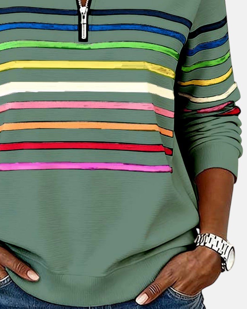 CHLOE | SWEAT-SHIRT À COL ZIPPER QUART DE LONGUEUR RAYÉ POUR FEMMES