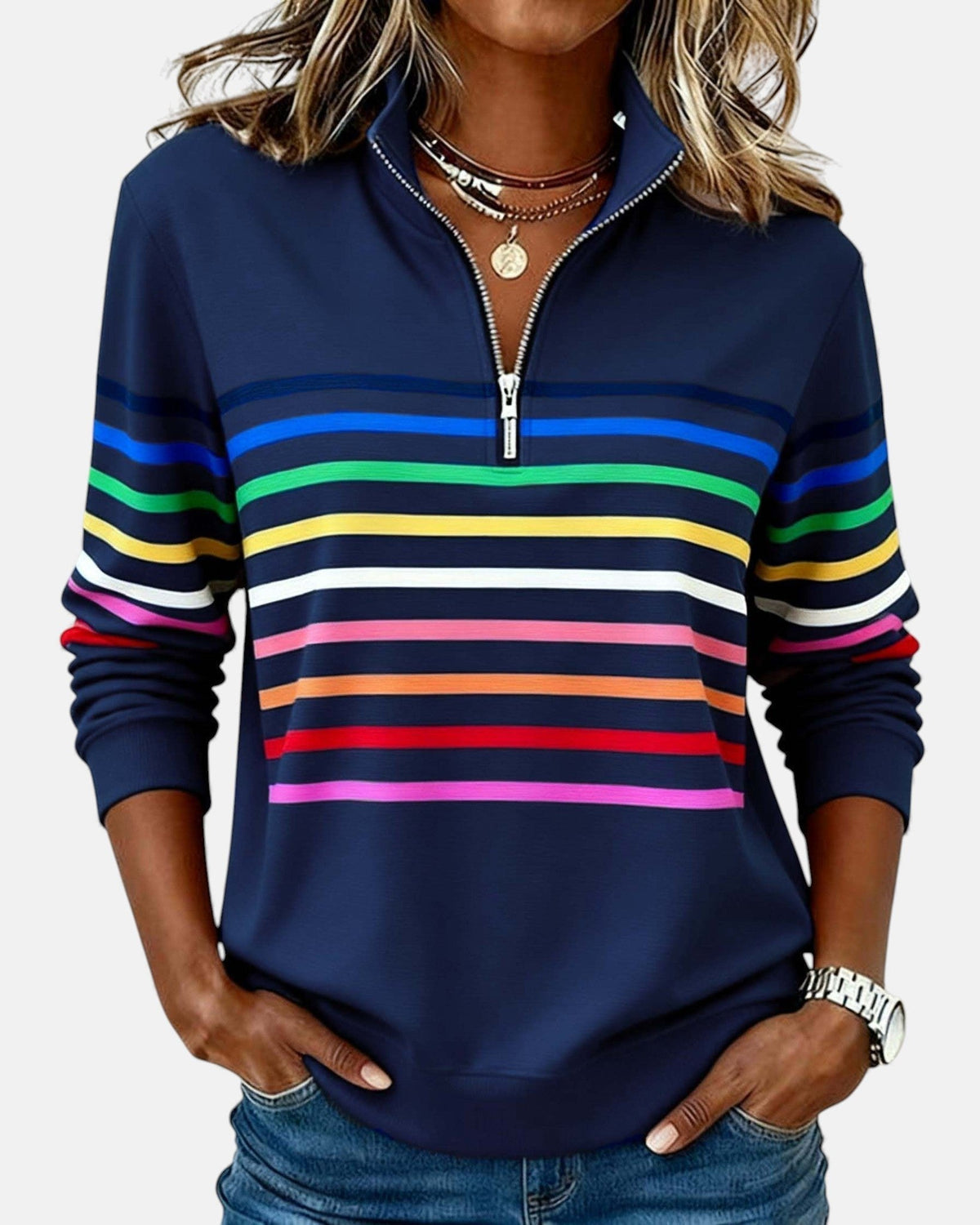 CHLOE | SWEAT-SHIRT À COL ZIPPER QUART DE LONGUEUR RAYÉ POUR FEMMES