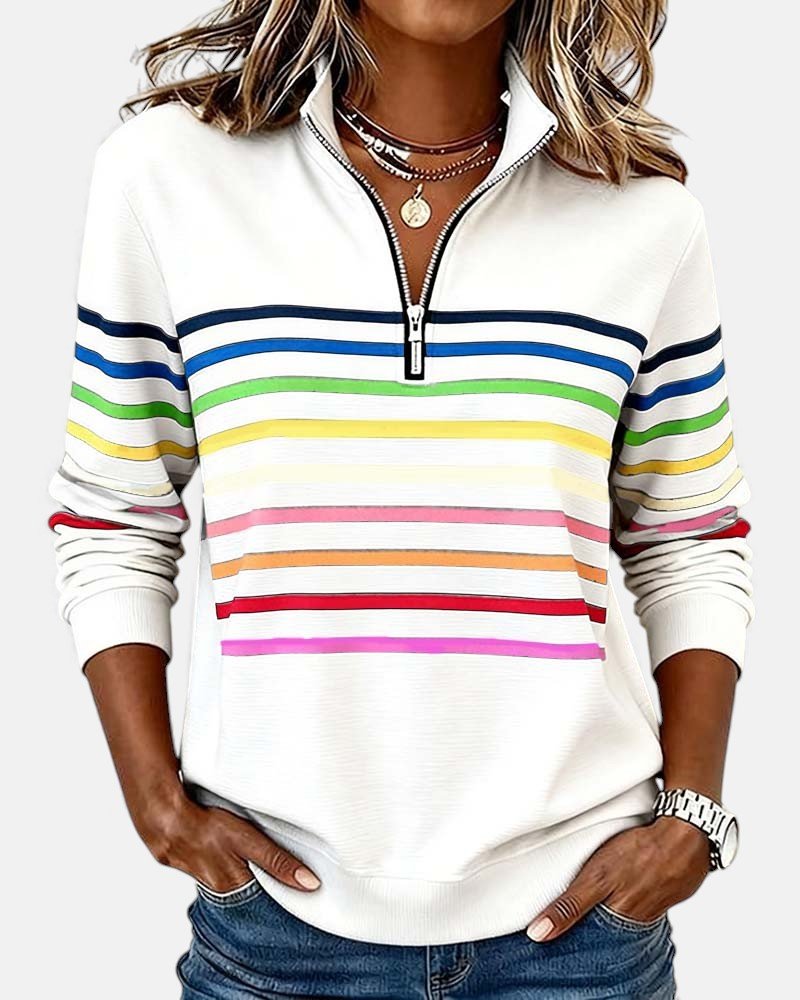 CHLOE | SWEAT-SHIRT À COL ZIPPER QUART DE LONGUEUR RAYÉ POUR FEMMES