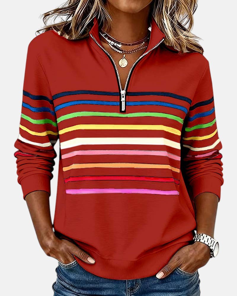 CHLOE | SWEAT-SHIRT À COL ZIPPER QUART DE LONGUEUR RAYÉ POUR FEMMES