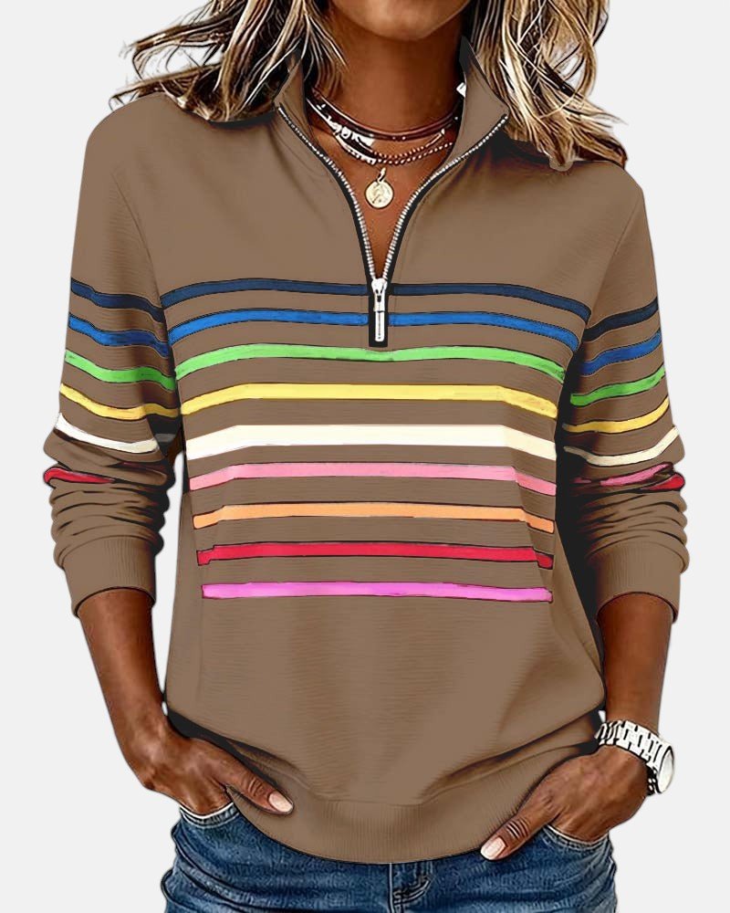 CHLOE | SWEAT-SHIRT À COL ZIPPER QUART DE LONGUEUR RAYÉ POUR FEMMES