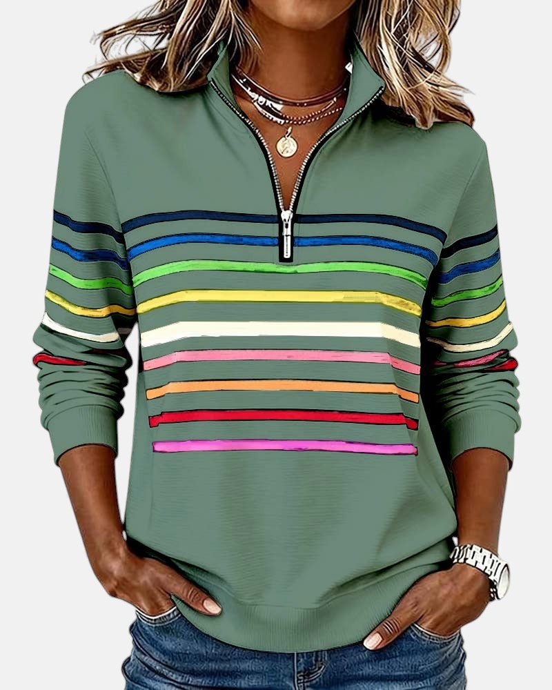 CHLOE | SWEAT-SHIRT À COL ZIPPER QUART DE LONGUEUR RAYÉ POUR FEMMES