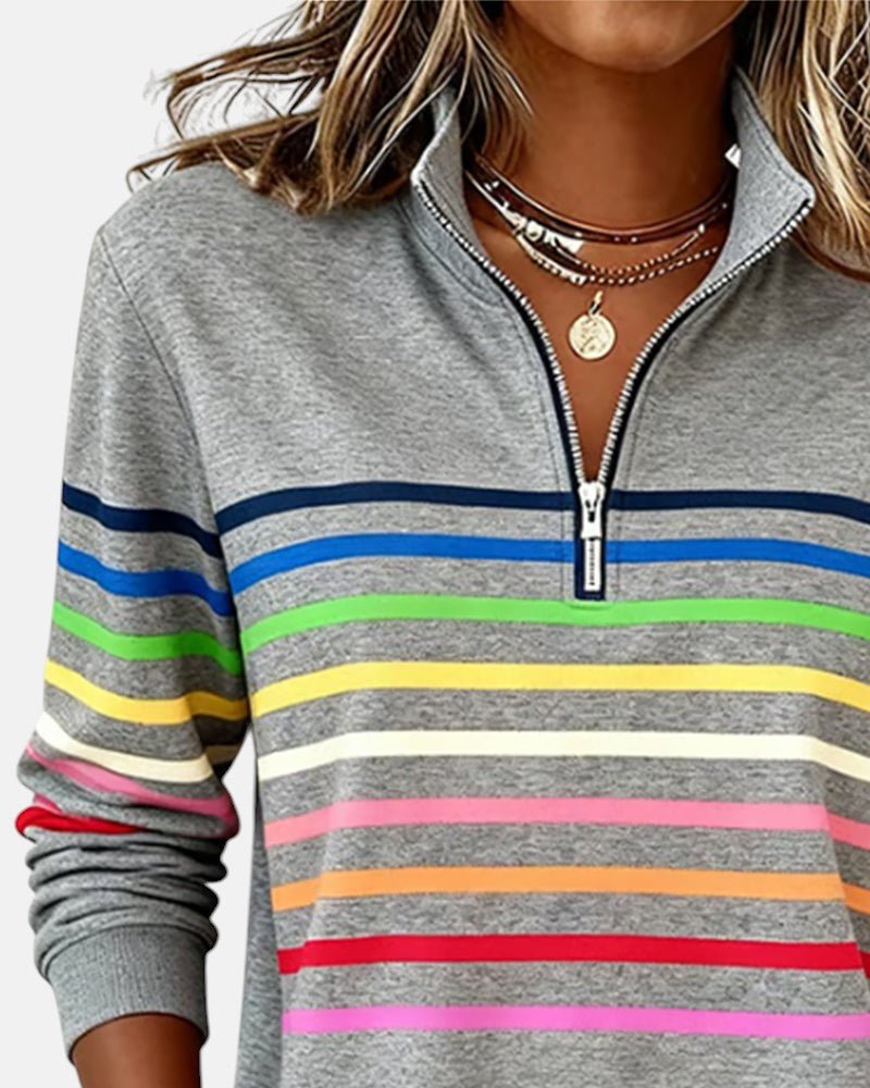 CHLOE | SWEAT-SHIRT À COL ZIPPER QUART DE LONGUEUR RAYÉ POUR FEMMES