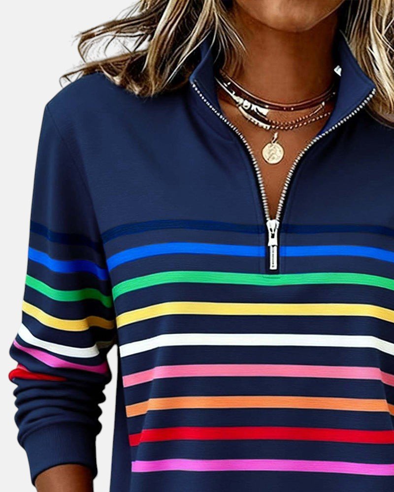 CHLOE | SWEAT-SHIRT À COL ZIPPER QUART DE LONGUEUR RAYÉ POUR FEMMES